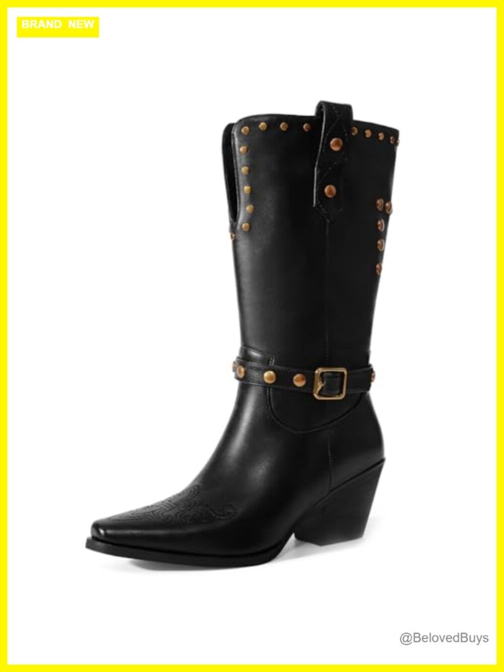 Women's Faux Leather Wide Calf Cowboy Boots Studded Block Heel Mid Calf
